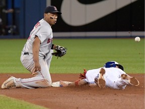 Boston Red Sox third baseman Rafael Devers (11) misses a throw as Toronto Blue Jays second baseman Cavan Biggio (8) steals second base in the seventh inning at Rogers Centre on July 3, 2019, in Toronto.