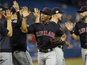 Cleveland Indians shortstop Francisco Lindor (12) celebrates a win over the Toronto Blue Jays at Rogers Centre on July 22, 2019.