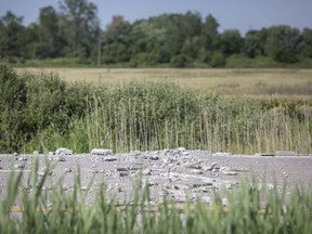 Buckling concrete in the westbound lanes of Highway 3 east of Malden Road in Essex County on July 1, 2019.