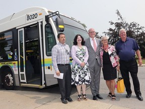 Inaugural run. Kingsville Mayor Nelson Santos, left; St. Clair College president Patti France; Windsor Mayor Drew Dilkens, Leamington Mayor Hilda MacDonald and Essex Mayor Larry Snively pose Monday, July 8, 2019, next to a Transit Windsor bus at the city terminus of a new bus route that connects their respective county communities to Windsor.