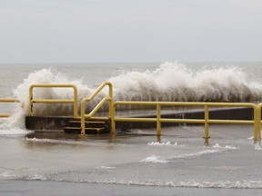 Strong winds on Lake Erie were driving waves over the pier in Erieau, Ont. on Wednesday May 1, 2019. Ellwood Shreve/Chatham Daily News/Postmedia Network