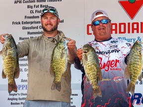 Derrick Soulliere, left, and John Kopcok display some of their catch that earned them the 2019 Canadian Tire Mitchell's Bay Open bass tournament on Saturday. (Handout)