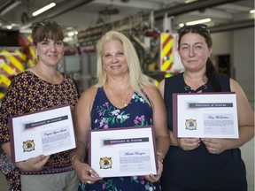"Just everyday people." Not according to Windsor Fire and Rescue Services, which on July 4, 2019, awarded citizen citations to Crystal Lynn Scade, left, Michelle Finnigan, and Terry McLachlan for giving critical assistance to a person in distress during an emergency at Windsor's Royal Canadian Legion Branch 12 in May.