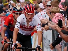 Bahrain-Merida rider Dylan Teuns of Belgium and Trek-Segafredo rider Giulio Ciccone of Italy in action on La Planche des Belles Filles.