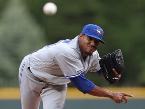 Starting pitcher Edwin Jackson of the Toronto Blue Jays throws against the Colorado Rockies at Coors Field on May 31, 2019 in Denver. (Matthew Stockman/Getty Images)