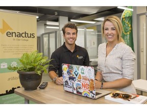 Kevin Hamilton, left, manager of the Genesis Entrepreneurship and Innovation Centre, and Sam Branton, Enactus project manager, are shown in the Genesis Centre at St. Clair College on July 23, 2019.