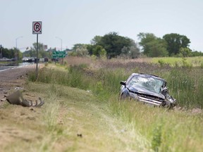 The blue sedan driven by 20-year-old Maresa Cappelli after it was struck head-on by a minivan that entered her lane on Highway 3 on June 21, 2019.