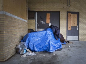 A homeless person's living quarters, made of tarps and shopping carts, is shown in downtown Windsor on Jan. 24, 2019.