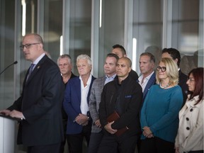 In this May 17, 2019, file photo, Mayor Drew Dilkens, joined by Essex County Warden Gary McNamara and other community leaders, spoke out in favour of the proposed mega-hospital location and against BIA funds being spent on an appeal of that plan.