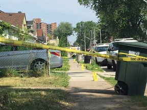 Evidence markers fill the 300 block of Josephine Avenue while Windsor police investigate a stabbing incident on the morning of July 29, 2019.