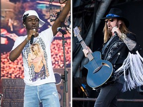 Rapper Lil Nas X (left) and country music singer Billy Ray Cyrus (right) in performance at the Glastonbury Festival in June 2019.