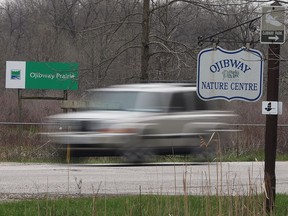 A vehicle is shown on Matchette Road in front of the Ojibway Nature Centre on May 3, 2018. Roadkill was identified at the time as a factor in the decline of the Midland Painted Turtle species.