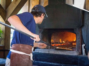 Retrieving a pizza from the wood-fired stove at Muscedere Vineyards.