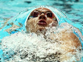 Kylie Masse of Canada competes at the 18th FINA World Swimming Championships Women's 100m Backstroke at the Nambu University Municipal Aquatics Center in Gwangju, South Korea.