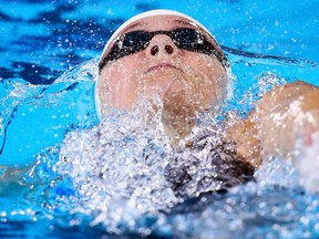 Madison Broad of Wallaceburg, Ont., swims in the first heat of the women's 200-metre backstroke at the Pan Am Games on Wednesday, Aug. 7, 2019, in Lima, Peru. (Buda Mendes/Getty Images)