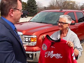 Chatham-Kent Mayor Darrin Canniff and Leamington Mayor Hilda MacDonald are seen in screen grab taken from a fun video they did in April after Canniff lost a bet that the Chatham Maroons Jr. 'B' hockey team would go farther than the Leamington Flyers the playoffs. Handout/Postmedia Network