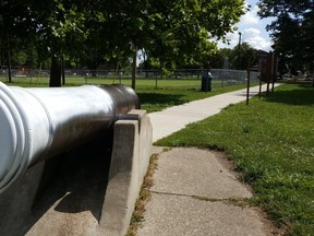 The vandalized cannon is shown at Tecumseh Park in Chatham this week. Municipal officials say it will be repainted. (Trevor Terfloth/The Daily News)