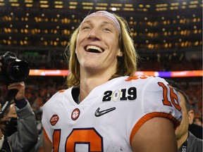 Trevor Lawrence of the Clemson Tigers reacts after his teams 44-16 win over the Alabama Crimson Tide in the CFP National Championship presented by AT&T at Levi's Stadium on January 7, 2019 in Santa Clara, California.