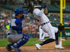 JaCoby Jones of the Detroit Tigers is hit by a pitch in the second inning against the Kansas City Royals during a MLB game at Comerica Park on August 8, 2019 in Detroit, Michigan.