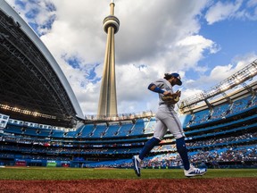 Bo Bichette #11 of the Toronto Blue Jays runs on the field prior to the playing against the New York Yankees during their MLB game at the Rogers Centre on Aug. 9, 2019, in Toronto.