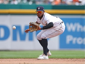 Dawel Lugo of the Detroit Tigers fields the ground ball during the fourth inning of the game against the Kansas City Royals at Comerica Park on August 11, 2019 in Detroit, Michigan.