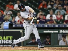 John Hicks of the Detroit Tigers hits a two-run home run in the ninth inning against the Houston Astros at Minute Maid Park on August 22, 2019 in Houston, Texas.