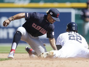 Shortstop Francisco Lindor of the Cleveland Indians tags out Victor Reyes of the Detroit Tigers trying to steal second base during the sixth inning at Comerica Park on August 29, 2019 in Detroit, Michigan.