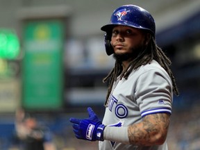 Freddy Galvis #16 of the Toronto Blue Jays looks on in the first inning during a game against the Tampa Bay Rays at Tropicana Field on August 5, 2019 in St Petersburg, Florida. (Photo by Mike Ehrmann/Getty Images)