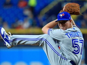 Trent Thornton of the Toronto Blue Jays pitches during a game against the Tampa Bay Rays at Tropicana Field on August 6, 2019 in St Petersburg, Fla. (Mike Ehrmann/Getty Images)
