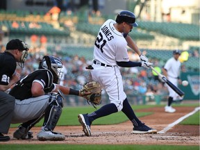 JaCoby Jones #21 of the Detroit Tigers drives in a run on a Chicago White Sox error during the second inning at Comerica Park on August 06, 2019 in Detroit, Michigan.