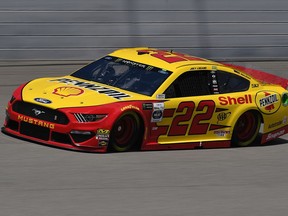 Joey Logano, driver of the Shell Pennzoil Ford, drives during practice for the Monster Energy NASCAR Cup Series Consumers Energy 400 at Michigan International Speedway on August 09, 2019 in Brooklyn, Michigan.