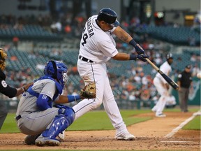 Miguel Cabrera #24 of the Detroit Tigers hits a fifth inning RBI single in front of Meibrys Viloria #72 of the Kansas City Royals at Comerica Park on Aug. 9, 2019 in Detroit.