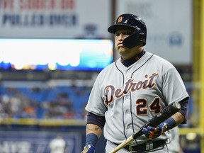 Miguel Cabrera of the Detroit Tigers reacts after striking out to Diego Castillo of the Tampa Bay Rays in the 12th inning of a baseball game at Tropicana Field on August 17, 2019 in St. Petersburg, Florida.