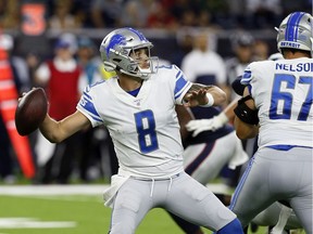 Detroit Lions quarterback David Fales (No. 8) throws a pass in the fourth quarter against the Houston Texans in a pres-eason game at NRG Stadium on Saturday in Houston.