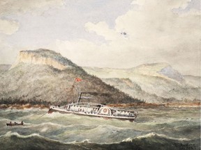 This picture of a painting was used for John Carter's book "The Perils and Pitfalls of the Steamer Ploughboy"  The original painting by artist William Armstrong in Oct. 1912 is titled "Ploughboy, off Lonely Island, Georgian Bay, July 1, 1859".