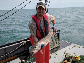 Jan-Michael Hessenauer, Ph.D. Fisheries Research Biologist Lake St. Clair Fisheries Research Station Michigan Department of Natural Resources. Hessenauer is seen with a muskie captured as part of the Michigan DNR trawl survey in Lake St. Clair in August 2016.
