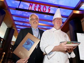 Director of food and beverage Joseph Moore, left, and Chef Patrick McClary in the newly renovated Neros Steakhouse offering a complete social dining experience, Wednesday at Caesars Windsor.  The new area and menu provide a nice option for after-work cocktails and appetizers.  A sky blue ceiling is part of the enhanced decor at Neros.