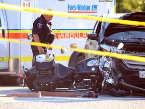 Amherstburg firefighters, Essex-Windsor EMS paramedics and Windsor Police were at the scene of a serious collision between a Ford SUV and a motorcycle on Middle Side Road at the entrance to Anderdon Public School Thursday afternoon shortly after 5 p.m.