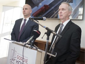 Bryce Phillips, CEO of the Windsor-Detroit Bridge Authority, and Aaron Epstein, left, CEO of contractor Bridging North America, provide an update on the construction of the Gordie Howe International Bridge in the newly opened Windsor-Detroit Bridge Authority Sandwich Community Office, Wednesday, August 21, 2019.
