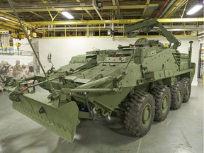 A variant of the Light Armoured Vehicles, similar to the ones ordered by the Canadian Armed Forces, sits inside the General Dynamics Land Systems-Canada factory in London, Ont., on Aug. 16, 2019.