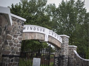 The Giles Blvd entrance to Windsor Grove Cemetery