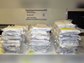A photo of more than 200 pounds of suspected cocaine in packages seized from a transport truck at the Ambassador Bridge on July 30, 2019.