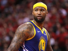 DeMarcus Cousins of the Golden State Warriors reacts against the Toronto at Scotiabank Arena on June 2, 2019 in Toronto. (Gregory Shamus/Getty Images)