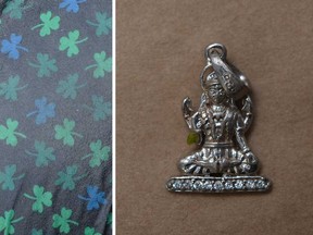 Close-ups of patterned shirt fabric (L) and a necklace pendant (R) found on the body of a man who Windsor police recovered from the Detroit River on July 22, 2019.