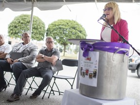 June Muir, CEO of the Unemployed Help Centre, speaks during a press event announcing the opening of the Farm to Food program, Thursday, August 8, 2019.