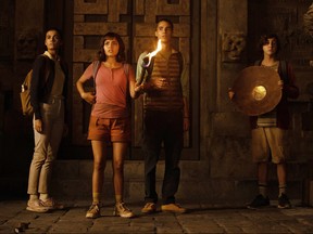 From left to right: Madeleine Madden, Isabela Moner, Jeff Wahlberg and Nicholas Coombe in "Dora and the Lost City of Gold." (Vince Valitutti/Paramount Pictures)