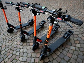 CIRC e-scooters are ready to use at the entrance to a pedestrian area in Frankfurt, Germany, August 8, 2019.