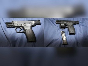 Two semi-automatic handguns that OPP seized from a residence in Belle River on Aug. 13, 2019. Michael Langis, 50, of Lakeshore, faces charges.