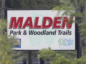 A sign for Malden Park in Windsor is shown on Wednesday, August 7, 2019.
