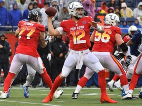 Andrew Luck of the Indianapolis Colts drops back to pass in the second quarter during the 2019 NFL Pro Bowl at Camping World Stadium on Jan. 27, 2019 in Orlando, Fla.